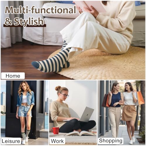 6 Pairs Women's Striped Crew Socks - Blue, Green, Yellow, Red, Dark Coffee, Light Coffee
