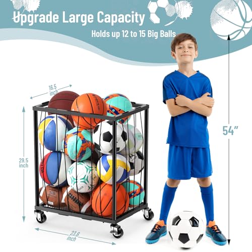 Ball Storage Rack with Rolling Wheels, Holds 12-15 Balls