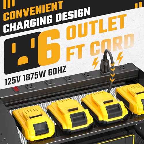 Power Tool Organizer Wall Mount, 3 Layer Charging Station with 6 Outlets, 4 Drill Holders and Drill Bit Rack, Tool Holder Storage Shelf Rack for Garage, Workbench and Workshop, Black