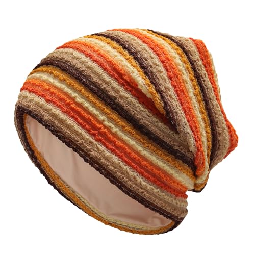ZLYC Women's Striped Orange Knit Slouchy Beanie Hat - One Size Thin Skull Cap