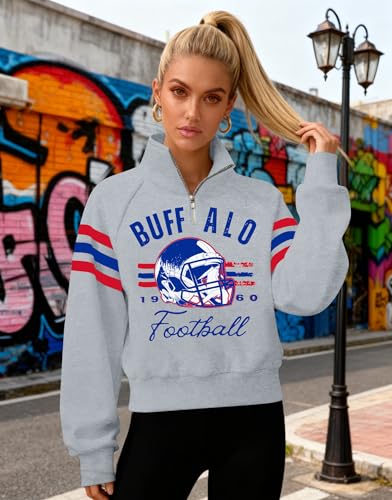 Game Day Football Sweatshirt for Women - Quarter Zip Cropped Top - Grey B, Large