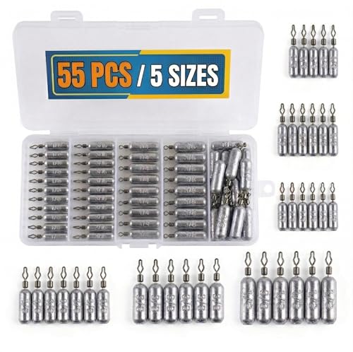 55 Pcs Drop Shot Weights Set with 5 Sizes and 360° Swivels - Tight-Line Lead Sinkers in Divided Storage Box