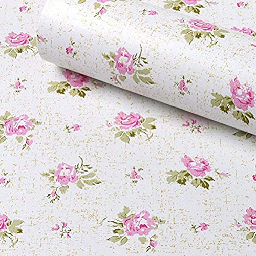 REDODECO Self-Adhesive Retro Pink Floral Wallpaper Paper Shelf Liner Peel & Stick Dresser Drawer Sticker Home Funiture Decorative Paper 17.7inch by 118inch