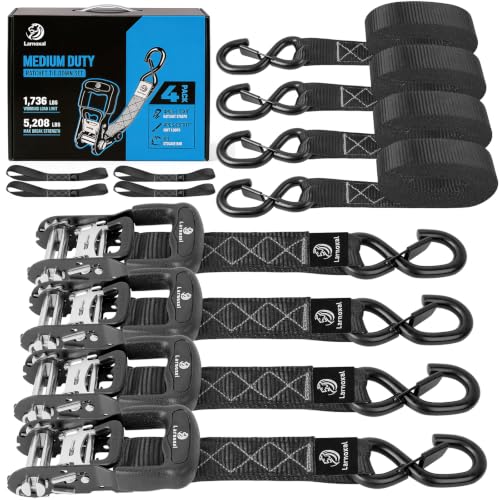 Black 1.5-inch x 15ft Heavy-Duty Ratchet Straps with Locking S-Hooks - 4 Pack