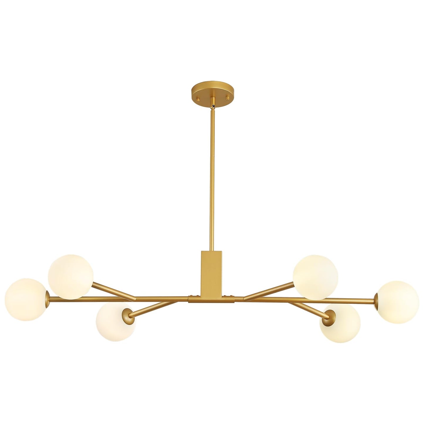 3WWWUEE Modern Gold Sputnik Island Light, 6-Light Glass Linear Chandelier for Dining Room, 46'' Ceiling Pendant Light Fixture with Globe Lampshade, Large Hanging Lamp Over Table, Bar, G9 Base