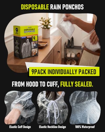 Disposable Rain Ponchos for Adults - 9 Pack Emergency Protection