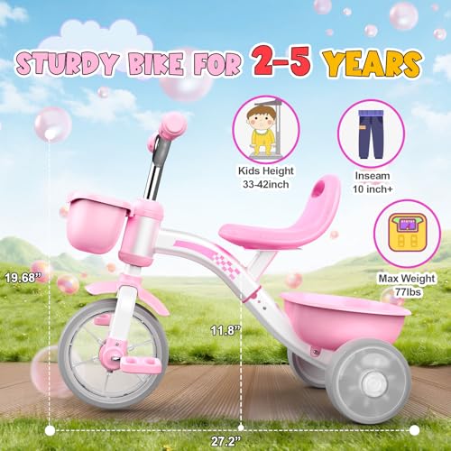 Pink Toddler Tricycle with Adjustable Seat & Light-Up Wheels