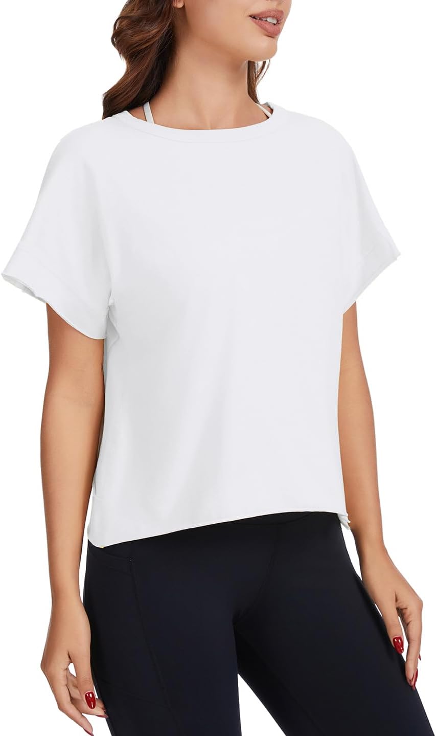 Skiennix Women's Open Back Workout Shirt - Cotton Short Sleeve Crop Top for Yoga | Stylish & Comfortable
