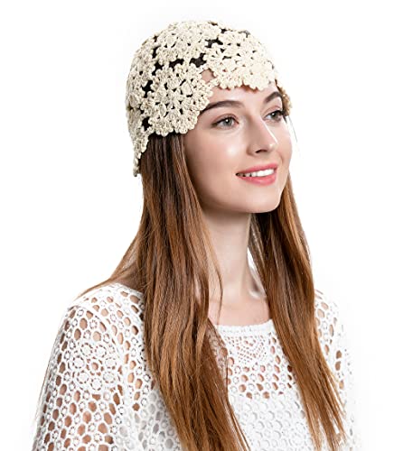 ZLYC Women's Cotton Crochet Skull Cap Beanie Hat One Size Beige Handmade Floral Knit