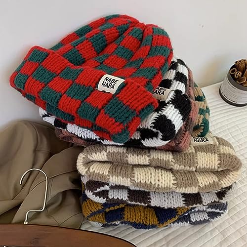 Women’s Cuffed Knit Beanie Hat - Checkerboard Plaid, Medium Green-Yellow-A