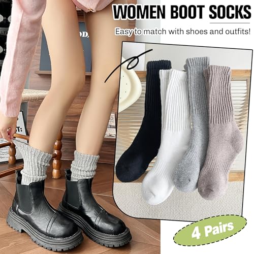 EBMORE Merino Wool Slouch Boot Socks Thermal Winter Crew Socks for Women, 4 Pairs - Medium, Black, Khaki, Grey, White