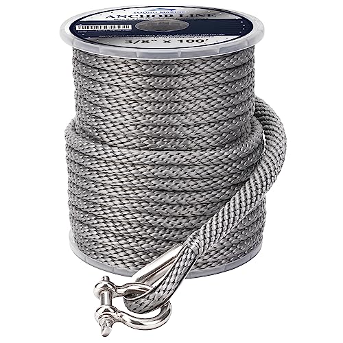 Young Marine 3/8 Inch 150FT Premium Solid Braid MFP Anchor Line with Stainless Steel Thimble & Shackle, Grey