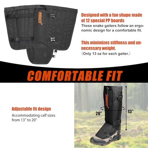Snake Gaiters for Hunting - Black Adjustable Snake Bite Protection
