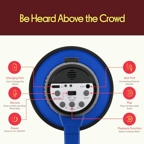 Pyle Rechargeable Blue Megaphone with Voice Recording, Siren & AUX Input - 30W, 1200-Yard Range