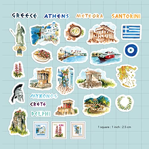Navy Peony Greece Travel Stickers for Journals - Watercolor Waterproof Decals, 29 Pieces, Greek Landmarks & Culture - Travel Journal Edition