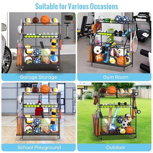 Heavy Duty Sports Equipment Organizer with Rolling Cart & Baskets