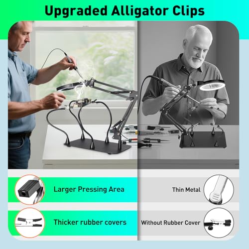 10X Magnifying Glass with Light and Stand, KUVRS Magnetic Helping Hands Soldering Station, PCB Holder Magnifying Lamp, 3 Color Adjustable Arm Hands Free Magnifier with Light for Soldering Craft Hobby