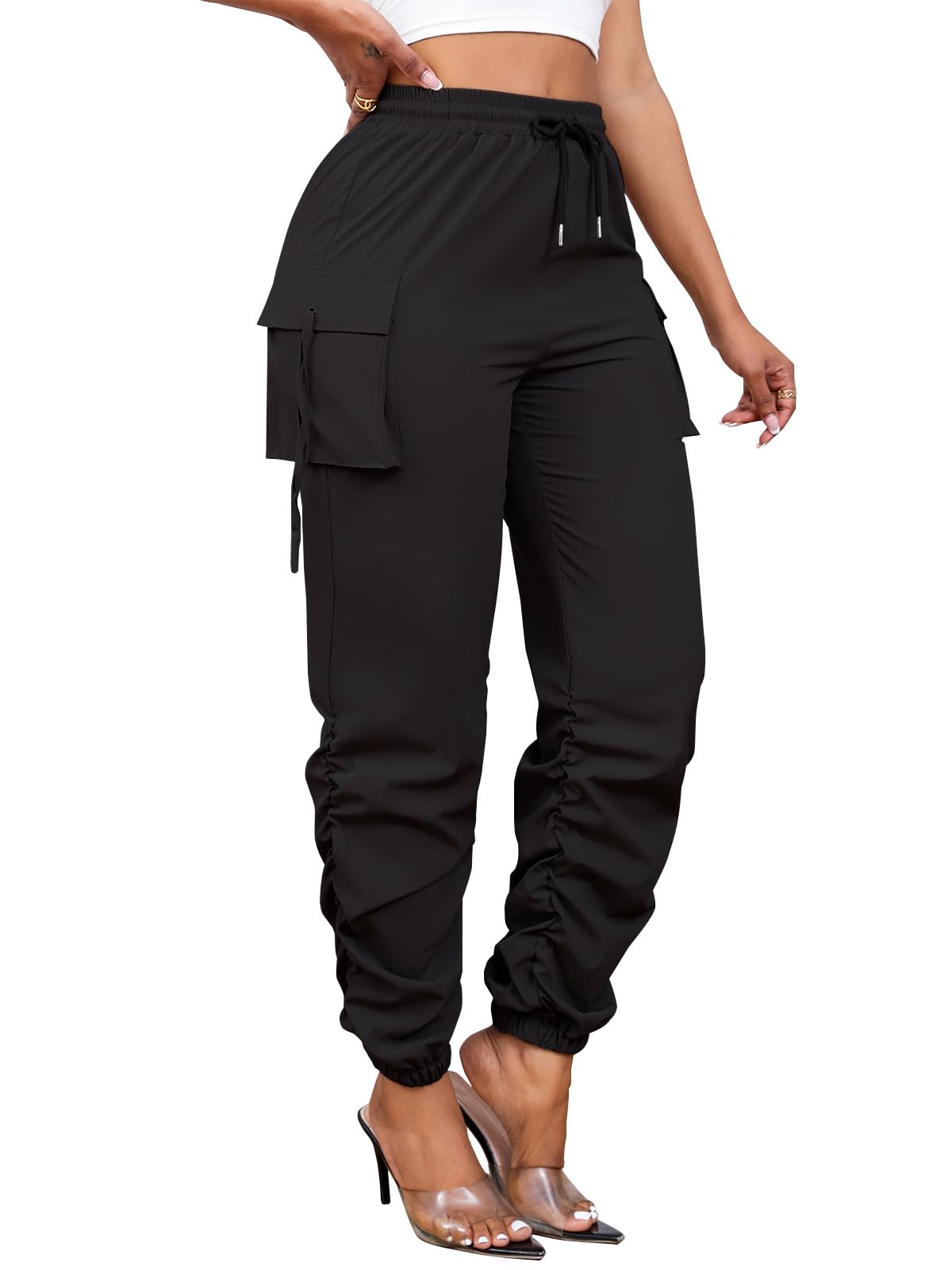 Gudasuo Cargo Pants Women Joggers Quick Dry Hiking Pants with Pockets Black