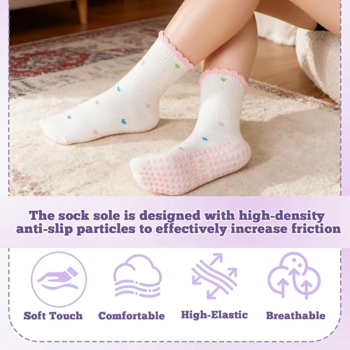 Pilates Socks for Women - Cute Ruffle & Embroidery, 5 Pairs - Red, Pink, Yellow, Purple, Brown