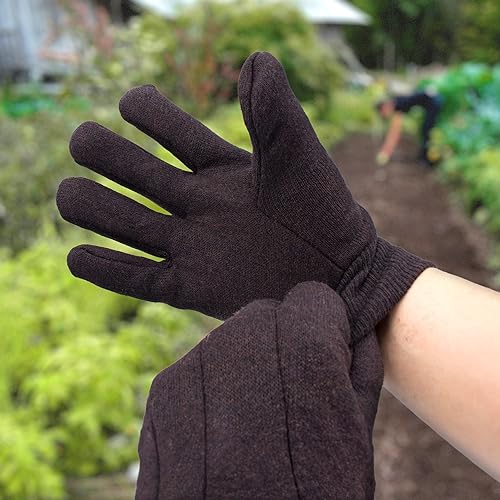 APQ Brown Jersey Gloves for Men Bulk, Fleece Lined Winter Work Gloves for Men, Women Jersey Garden Gloves, Cotton Work Gloves