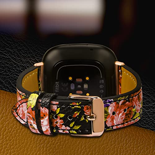 Floral Leather Replacement Bands for Fitbit Sense 2/Versa 4/Versa 3, Stylish Strap for Women & Men