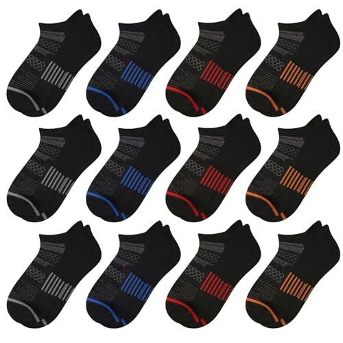 Black 12 Pairs Boys Running Ankle Socks Kids 7-10 Years Athletic Breathable Cotton