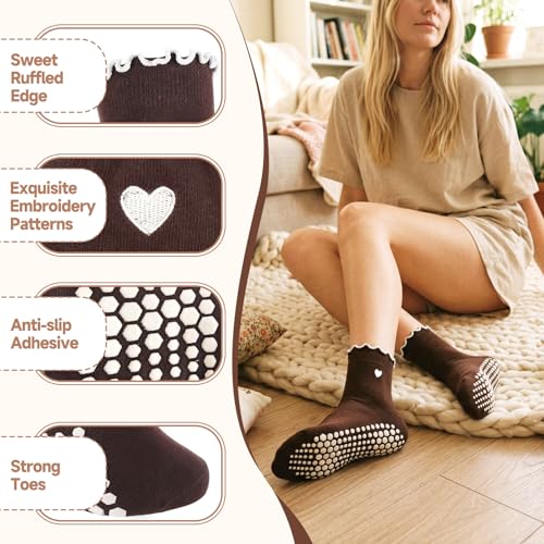 Non-Slip Pilates Socks for Women - Cotton Grip Socks, Morandi Heart - 4 Pack