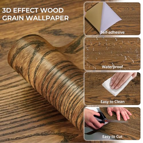 Shackcom Brown Wood Grain Contact Paper Peel & Stick, 1 Roll 15.7"x118.11" Wood Grain Wallpaper, 3D Effect Waterproof & Removable for Home Bathroom Bedroom Countertops & Cabinets Wall Decor
