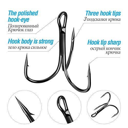 High Carbon Steel Treble Hooks - 20 Pack, Size 14, Black Chrome