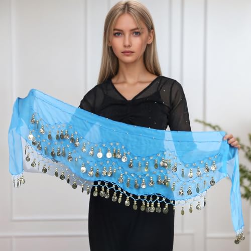 Belly Dance Hip Scarf with Gold Coins - Lake Blue Chiffon Wrap
