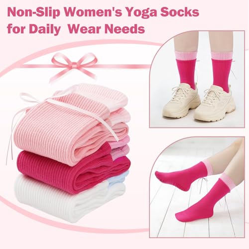 Grippy Pilates Crew Socks for Women - Cotton Anti-Slip - Magenta/Pink/White