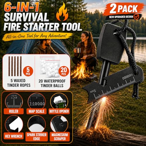 27-Piece Ferro Rod Fire Starter Survival Kit with Striker & Ropes - Black