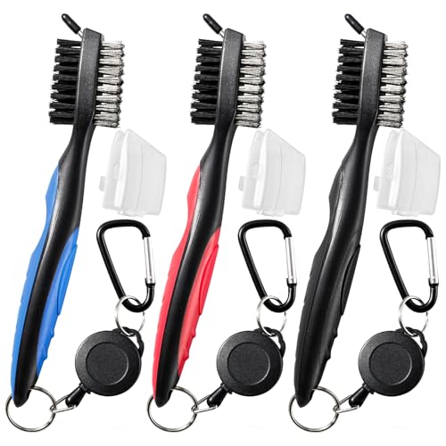 Golf Club Brush Cleaner with Retractable Zip-Line - 3 Pack Black/Red/Blue