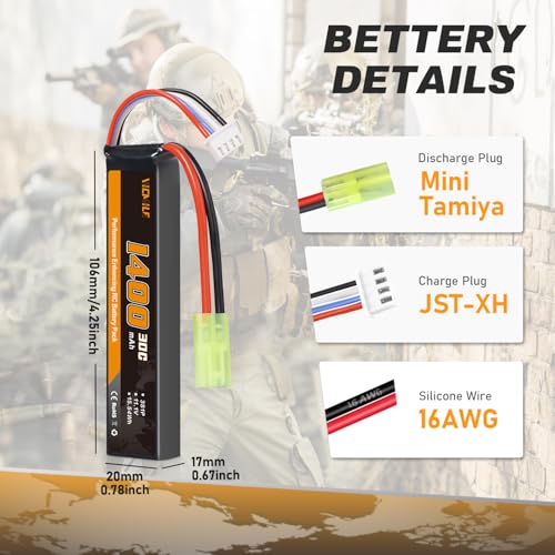 11.1V 1400mAh Airsoft Battery 30C Mini Tamiya Plug - 2 Pack
