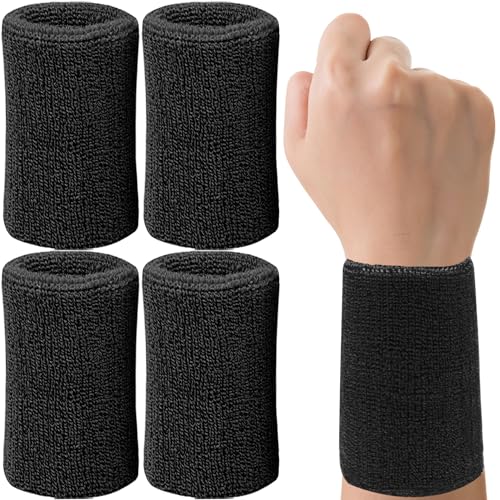 6 Inch Sweat Wristbands for Sports - Absorbent Cotton - Black (4 Pack)