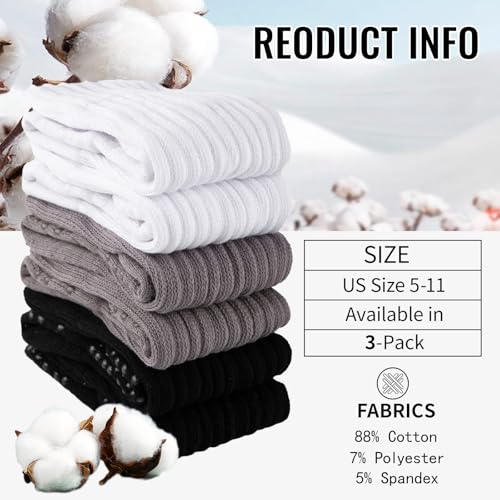 Grip Pilates Socks for Women - 3 Pairs Scrunch Crew Socks - White/Grey/Black