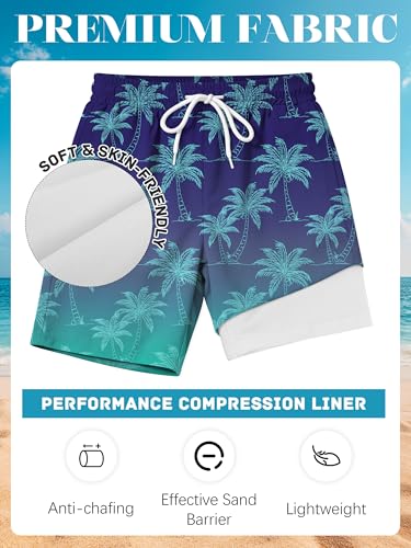 Boys Swim Trunks with Boxer Liner - A-Palm Blue, 10-12 Years