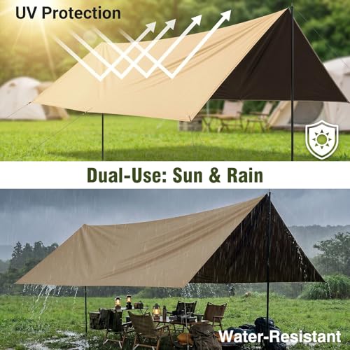 Caoditu 3x4.5m Waterproof Camping Tarp with Poles - All-Weather Sunshade & Rain Fly