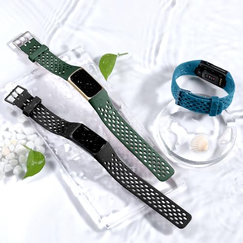 Breathable Waterproof Sport Band for Fitbit Charge 5/6 - Black & Slate Blue & Dark Green