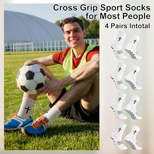 White 3:5 / 4 Christian Bible Verse Cross Print Socks - 4 Pairs, Anti-Slip Grip