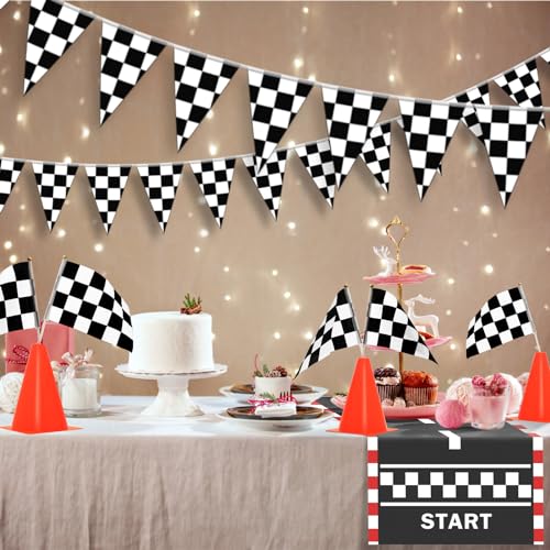 38-Piece Racing Cones and Flags Set - Mini Traffic Cones, Checkered Flags, Racetrack Mat