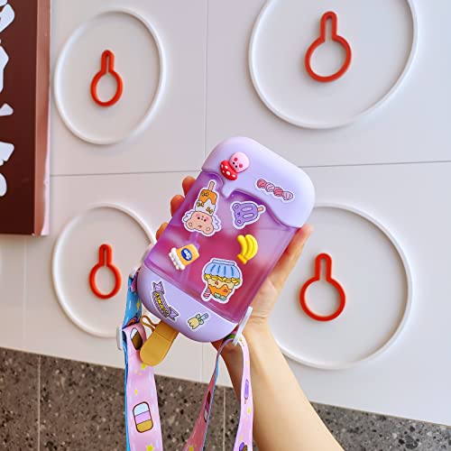 GMKD Purple Kawaii Ice Cream Water Bottle for Girls, 14oz BPA-Free Popsicle Design with Straw & Adjustable Shoulder Strap