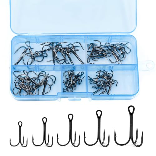Treble Fishing Hooks Kit - 50 Mixed Sizes Black