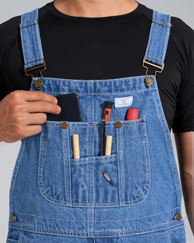 HISEA Men's Denim Bib Overalls 32W x 30L Stone Washed Blue Workwear