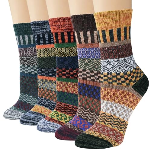 Wool Socks for Women - 5 Pairs in Green, Orange, Yellow, Brown, Grey, Blue