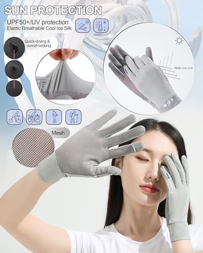 UPF 50+ Sun Protection Gloves for Women - Breathable Ice Silk - Grey, Medium