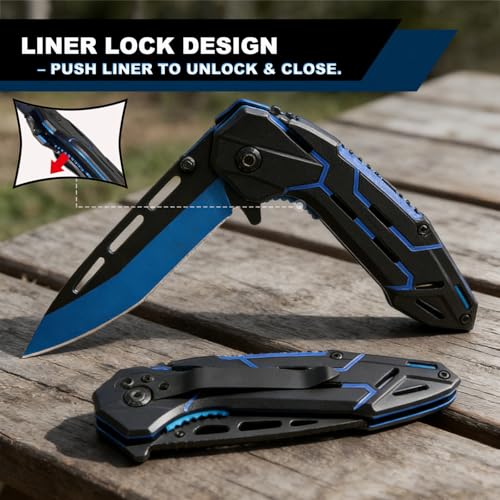 Folding Pocket Knife with Clip - EDC Tactical Knife - Black/Blue