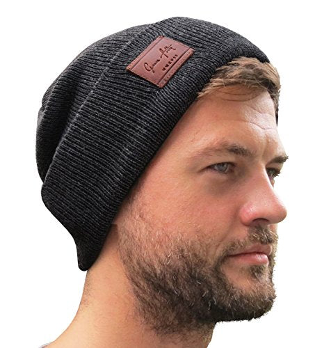 Fold Up Cuffed Beanie Hat - Lightweight Acrylic Knit - Charcoal