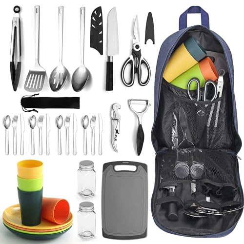 Camping Utensil Set – All-in-One Stainless Steel Cookware & Dinnerware for 4