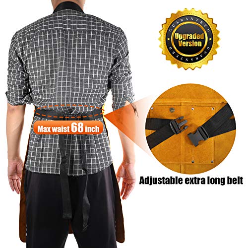 Leather Welding Apron, Flame & Spark Resistant Bib, Safety Smock, Protective Clothing Gear for Blacksmiths, Welders & Woodworkers, 23x35 inches